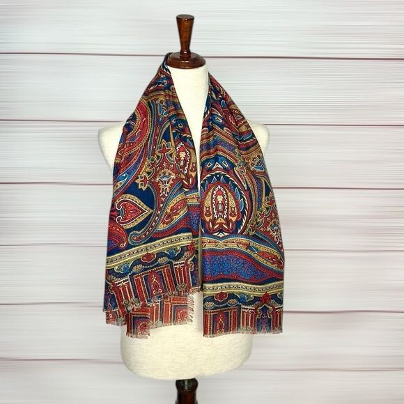 Large Square Scarf Paisley Red Blue Tan 46x46” - Picture 4 of 7